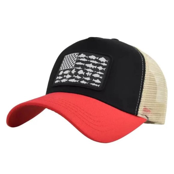 Black & Red Fishing American Flag Baseball Tricker Cap,‎ Fish, Summer Hiking - Picture 2 of 2